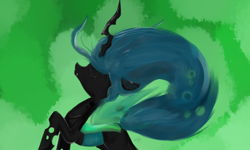 Size: 2000x1200 | Tagged: safe, artist:strabarybrick, character:queen chrysalis, species:changeling, changeling queen, eyes closed, fangs, female, signature, solo, standing