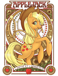 Size: 611x800 | Tagged: dead source, safe, artist:hezaa, character:applejack, apple, female, flower, food, french, lasso, looking at you, modern art, nouveau, solo, sunflower