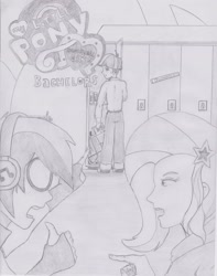 Size: 2550x3234 | Tagged: safe, artist:ponysubmarine, character:dj pon-3, character:trixie, character:vinyl scratch, character:wiz kid, my little pony:equestria girls, argument, bachelor, background human, fan comic, monochrome, pencil drawing, traditional art, wiz kid