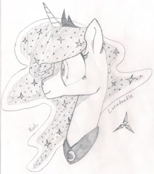 Size: 1244x1410 | Tagged: safe, artist:rinku, character:princess luna, lunadoodle, female, monochrome, pencil drawing, portrait, sketch, smiling, solo, traditional art