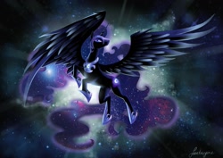 Size: 2117x1500 | Tagged: safe, artist:fantazyme, character:nightmare moon, character:princess luna, armor, female, flying, majestic, solo, space, spread wings, wings