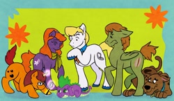 Size: 1200x699 | Tagged: safe, artist:justasuta, character:spike, species:earth pony, species:pegasus, species:pony, species:unicorn, crossover, daphne blake, female, fred jones, magnifying glass, male, mare, ponified, raised hoof, scooby doo, shaggy rogers, stallion, velma dinkley