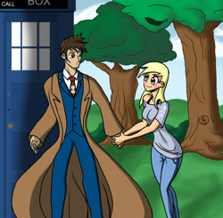Size: 1736x1700 | Tagged: safe, artist:chillguydraws, character:derpy hooves, species:human, david tennant, doctor who, humanized, tardis, tenth doctor, the doctor