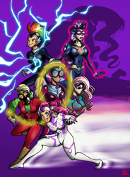 Size: 1952x2646 | Tagged: safe, artist:chillguydraws, character:applejack, character:fili-second, character:fluttershy, character:masked matter-horn, character:mistress marevelous, character:pinkie pie, character:radiance, character:rainbow dash, character:rarity, character:saddle rager, character:twilight sparkle, character:twilight sparkle (alicorn), character:zapp, species:alicorn, species:human, species:pony, episode:power ponies, g4, my little pony: friendship is magic, breasts, busty applejack, busty fluttershy, busty pinkie pie, busty rainbow dash, busty rarity, busty twilight sparkle, dark skin, female, humanized, mane six