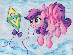 Size: 1614x1215 | Tagged: safe, artist:nancyksu, character:sky wishes, species:pegasus, species:pony, g3, cloud, female, flying, g3 to g4, generation leap, kite, kite flying, mare, mouth hold, ribbon, sky, solo, that pony sure does love kites, traditional art