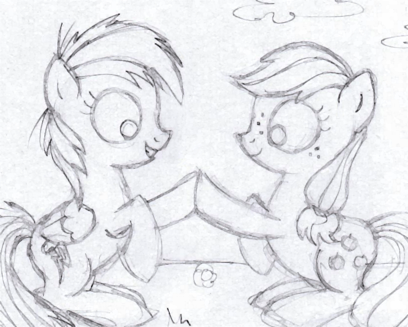 Size: 824x662 | Tagged: safe, artist:nancyksu, character:applejack, character:rainbow dash, species:earth pony, species:pegasus, species:pony, animated, clap your hooves, cute, dashabetes, duo, female, filly, frame by frame, grayscale, jackabetes, monochrome, traditional animation, traditional art, younger