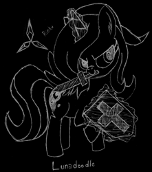Size: 942x1068 | Tagged: safe, artist:rinku, character:princess luna, lunadoodle, clothing, cosplay, cute, female, filly, halloween, hat, inverted colors, link, magic, nightmare night, raised hoof, s1 luna, shield, sketch, solo, spread wings, sword, the legend of zelda, weapon, wings, woona
