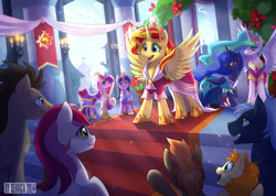Size: 1284x913 | Tagged: safe, artist:seanica, character:button mash, character:doctor whooves, character:princess cadance, character:princess celestia, character:princess luna, character:pumpkin cake, character:roseluck, character:star hunter, character:sunset shimmer, character:time turner, character:twilight sparkle, character:twilight sparkle (alicorn), species:alicorn, species:earth pony, species:pony, alicorn tetrarchy, alicornified, clothing, coronation, dress, good end, jack harkness, race swap, shimmercorn