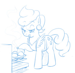 Size: 676x666 | Tagged: safe, artist:darkpandax, character:cup cake, species:earth pony, species:pony, apron, baking, clothing, cupcake, ear piercing, earring, female, food, jewelry, lidded eyes, looking down, mare, monochrome, open mouth, oven, oven mitts, piercing, solo