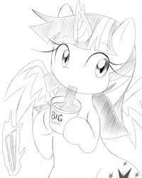 Size: 700x875 | Tagged: safe, artist:rougebat, character:twilight sparkle, character:twilight sparkle (alicorn), species:alicorn, species:pony, eating, female, instant noodles, mare, monochrome, ramen, solo