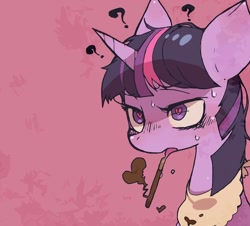 Size: 900x814 | Tagged: safe, artist:moyamoya kuroi, character:twilight sparkle, drool, drool string, female, heart eyes, messy mane, pocky, question mark, sockypockytwi, solo, sweat, wingding eyes