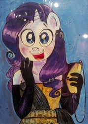 Size: 500x700 | Tagged: safe, artist:technaro, character:rarity, species:anthro, blushing, clothing, earring, evening gloves, female, looking at you, purse, smiling, solo