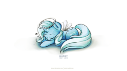 Size: 3840x2160 | Tagged: safe, artist:tenart, character:trixie, species:pony, species:unicorn, artofthepony, ear fluff, eyes closed, female, ghost, halo, mare, prone, rest in peace, simple background, solo, stoned trixie, white background