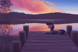 Size: 1575x1049 | Tagged: safe, artist:creamy_roux, character:octavia melody, species:earth pony, species:pony, beautiful, bedroom eyes, cloud, cloudy, evening, featured on derpibooru, female, grass, lake, looking at you, mare, missing accessory, nature, outdoors, pier, prone, reflection, scenery, scenery porn, signature, sky, smiling, solo, sunset, tree