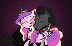 Size: 2211x1417 | Tagged: safe, artist:assassin-or-shadow, character:king sombra, character:princess cadance, ship:somdance, eyes closed, messy mane, nuzzling, open mouth, raised hoof, shipping