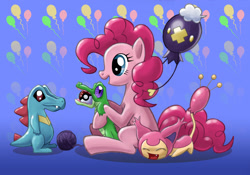 Size: 2731x1912 | Tagged: safe, artist:cybertoaster, character:gummy, character:pinkie pie, crossover, drifloon, pokéball, pokémon, skitty, totodile