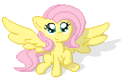 Size: 548x356 | Tagged: safe, artist:deadlycomics, character:fluttershy, species:pegasus, species:pony, female, looking up, mare, pixel art, raised hoof, simple background, sitting, smiling, solo, spread wings, transparent background, wings