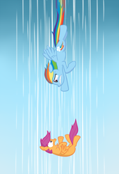 Size: 2050x3000 | Tagged: dead source, safe, artist:manateemckenzie, character:rainbow dash, character:scootaloo, species:pegasus, species:pony, g4, falling, female, filly, flying, high res, mare, scootaloo can't fly, this will end in tears and/or death
