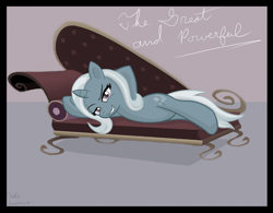 Size: 1024x798 | Tagged: dead source, safe, artist:naterrang, character:trixie, species:pony, species:unicorn, bedroom eyes, fainting couch, female, lying down, mare, smiling, solo