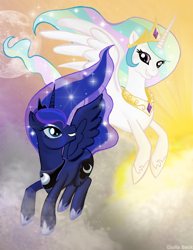Size: 700x907 | Tagged: safe, artist:giuliabeck, character:princess celestia, character:princess luna, duo, flying, sisters