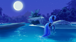 Size: 2560x1440 | Tagged: safe, artist:creamy_roux, character:princess luna, species:alicorn, species:pony, g4, 3/4 view, female, looking at you, looking back, looking back at you, mare, moon, night, outdoors, raised hoof, signature, sky, solo, spread wings, stars, tree, wallpaper, water, wet, wet mane, wings