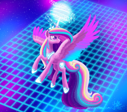 Size: 1024x901 | Tagged: safe, artist:creamy_roux, character:princess cadance, species:alicorn, species:pony, alternate hairstyle, female, flying, glow, glowing horn, grid, heart eyes, magic, mare, new retro wave, retro, signature, smiling, solo, space, spread wings, stars, vaporwave, wingding eyes, wings