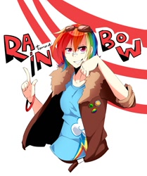 Size: 1005x1200 | Tagged: dead source, safe, artist:tomoe-chi, character:rainbow dash, clothing, female, goggles, humanized, solo