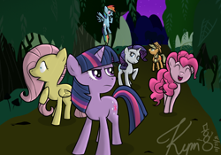 Size: 1000x700 | Tagged: safe, artist:kymsnowman, character:applejack, character:fluttershy, character:pinkie pie, character:rainbow dash, character:rarity, character:twilight sparkle, everfree forest, mane six