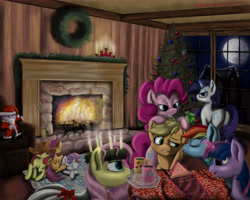 Size: 10000x8000 | Tagged: safe, artist:idontrunntoofast, character:apple bloom, character:applejack, character:fluttershy, character:pinkie pie, character:rainbow dash, character:rarity, character:scootaloo, character:spike, character:sweetie belle, character:twilight sparkle, ship:appledash, episode:hearth's warming eve, g4, my little pony: friendship is magic, absurd resolution, accessory swap, book, candle, christmas, christmas lights, christmas tree, coffee, cutie mark crusaders, decorating, female, fireplace, hatless, idontrunntoofast, lesbian, magic, mane seven, mane six, missing accessory, mistletoe, moon, mouth hold, night, reading, saint lucy, saint lucy's day, santa claus, shipping, sleeping, tray, tree, wreath