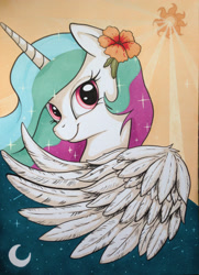 Size: 1840x2545 | Tagged: safe, artist:yellowrobin, character:princess celestia, crescent moon, cute, cutelestia, day, feather, female, flower, flower in hair, happy, markers, moon, night, portrait, smiling, solo, stars, sun, traditional art, wings