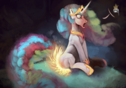 Size: 1000x700 | Tagged: safe, artist:kheltari, character:princess celestia, burning, crying, female, fire, hot, hot buns, marshmallow, open mouth, sitting, solo, this ended in fire, wide eyes