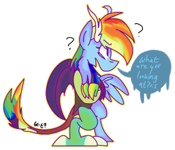 Size: 1024x876 | Tagged: safe, artist:dizzee-toaster, character:rainbow dash, dialogue, draconequified, female, question mark, simple background, solo, species swap, transparent background