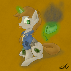 Size: 1100x1100 | Tagged: safe, artist:billysan727, oc, oc only, oc:littlepip, species:pony, species:unicorn, fallout equestria, blep, clothing, cutie mark, fanfic, fanfic art, female, glowing horn, hooves, horn, levitation, magic, mare, pipbuck, silly, silly pony, simple background, sitting, smoke, solo, telekinesis, toaster, toaster repair pony, tongue out, vault suit