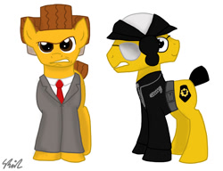 Size: 1366x1051 | Tagged: safe, artist:qemma, good cop bad cop, lego, lord business, ponified, president business, the lego movie