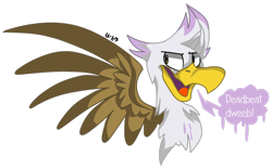 Size: 1024x636 | Tagged: safe, artist:dizzee-toaster, character:gilda, species:griffon, dialogue, guilder, rule 63, simple background, solo, transparent background