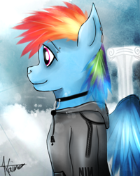 Size: 1600x2000 | Tagged: safe, artist:kaine, character:rainbow dash, species:anthro, clothing, cloudsdale, collar, female, hoodie, nine inch nails, piercing, punk, solo