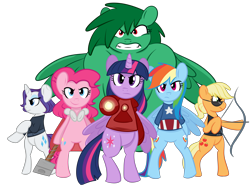 Size: 7946x5908 | Tagged: safe, artist:flaminbunny, character:applejack, character:fluttershy, character:pinkie pie, character:rainbow dash, character:rarity, character:twilight sparkle, character:twilight sparkle (alicorn), species:alicorn, species:pony, absurd resolution, avengers, black widow (marvel), captain america, crossover, female, flutterhulk, hawkeye, iron man, mane six, mare, the avengers, the incredible hulk, thor