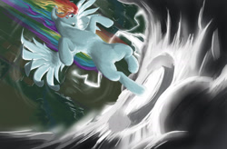 Size: 1920x1260 | Tagged: safe, artist:doomsp0rk, character:rainbow dash, cloud busting, female, kicking, solo