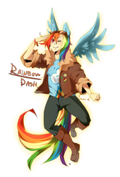 Size: 1647x2426 | Tagged: dead source, safe, artist:tomoe-chi, character:rainbow dash, species:human, bomber jacket, eared humanization, female, goggles, humanized, one eye closed, solo, tailed humanization, winged humanization