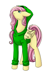 Size: 2500x3600 | Tagged: safe, artist:imreer, character:fluttershy, species:pegasus, species:pony, bottomless, clothing, creeper, creepershy, female, hoodie, jacket, looking up, mare, minecraft, partial nudity, simple background, solo, sweater, sweatershy, transparent background