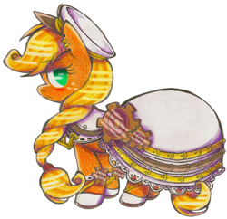 Size: 1330x1285 | Tagged: safe, artist:akikodestroyer, character:applejack, clothing, dress, female, simple background, solo, steampunk, traditional art