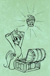 Size: 331x500 | Tagged: safe, artist:stellarina, character:lyra heartstrings, species:pony, species:unicorn, abstract background, bipedal, chest, clothing, crossover, female, gauntlet, gloves, hand, item get, lineart, monochrome, power glove, smiling, solo, that pony sure does love hands, the legend of zelda