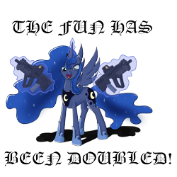 Size: 2000x2000 | Tagged: safe, artist:cyb3rwaste, character:princess luna, dual wield, eye twitch, gun, insanity, looking at you, lunatic, magic, mismatched eyes, open mouth, rifle, smiling, tar-21, telekinesis, the fun has been doubled, vector, weapon, wide eyes