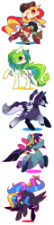 Size: 504x2112 | Tagged: safe, artist:zhampy, species:pegasus, species:pony, species:unicorn, clothing, feather, female, flying, hat, male, mare, ponytail, scarf, smiling, stallion, unshorn fetlocks