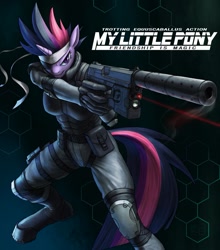 Size: 1023x1163 | Tagged: safe, artist:murskme, character:twilight sparkle, species:anthro, species:unguligrade anthro, badass, crossover, female, future twilight, heckler and koch, konami, metal gear, metal gear solid, mk.23 mod 0, mk23, parody, solid snake, solid sparkle, solo, suppressor, video game reference