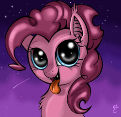 Size: 2268x2185 | Tagged: safe, artist:yellowrobin, character:pinkie pie, species:bat pony, species:pony, fangs, female, portrait, solo, tongue out
