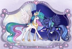 Size: 1700x1175 | Tagged: safe, artist:felynea, character:princess celestia, character:princess luna, species:alicorn, species:pony, cloud, day, duality, duo, night, raised hoof, s1 luna, smiling, spread wings, wings