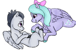 Size: 1430x944 | Tagged: safe, artist:graffiti, character:flitter, character:rumble, species:pony, bellyrubs, bow, colt, female, hair bow, male, simple background, upscale, white background