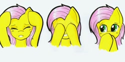Size: 1024x513 | Tagged: safe, artist:nana-yuka, character:fluttershy, species:pegasus, species:pony, bust, cute, female, hear no evil, portrait, see no evil, shyabetes, simple background, solo, speak no evil, three wise monkeys, traditional art, triptych, white background