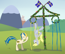 Size: 1000x830 | Tagged: safe, artist:manateemckenzie, character:derpy hooves, oc, oc:pia ikea, species:pegasus, species:pony, facehoof, female, flag, hanging, mare, maypole, midsummer, mountain, pole, sweden